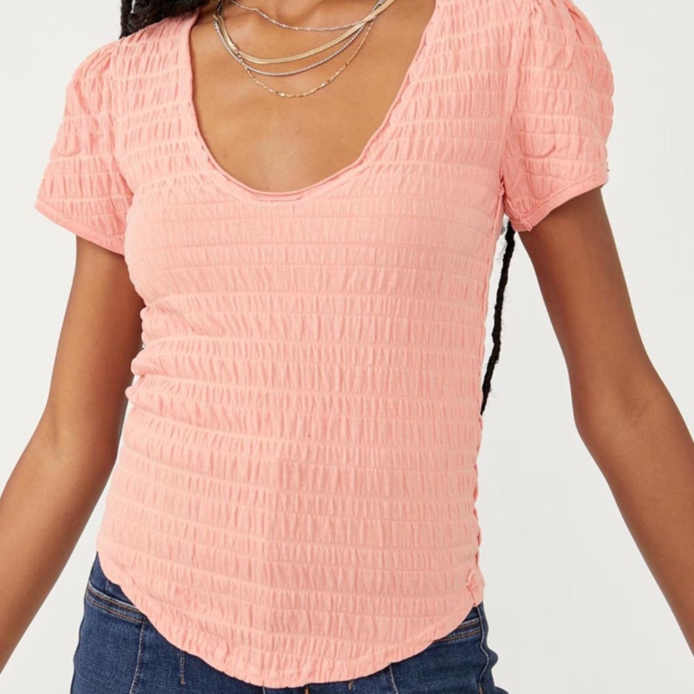 We The Free Sugar Cube Pink Coral Ruched Shirt